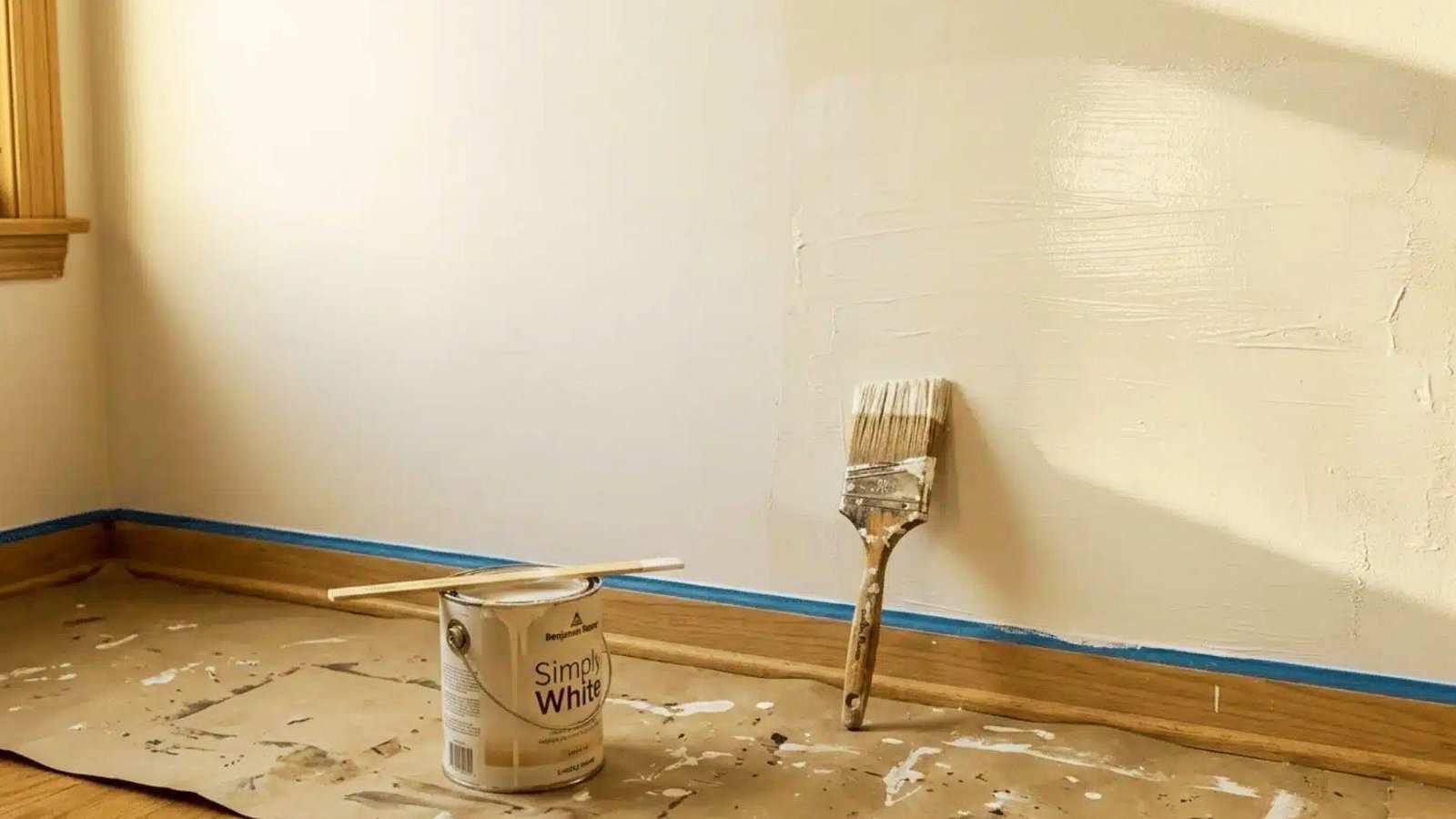 Freshly painted white wall with brush and can, showing proper paint dry time between coats for smooth finish