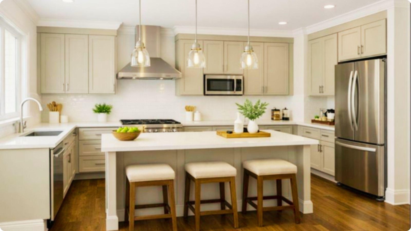 Farmhouse kitchen with warm greige painted cabinets and crisp white walls.