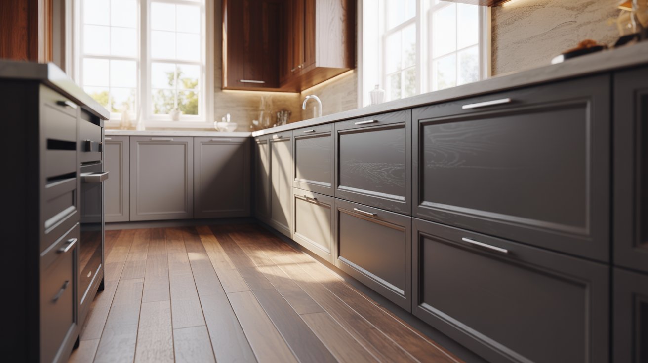 Modern kitchen with grey cabinets and greige walls, creating a warm and proper neutral color palette.