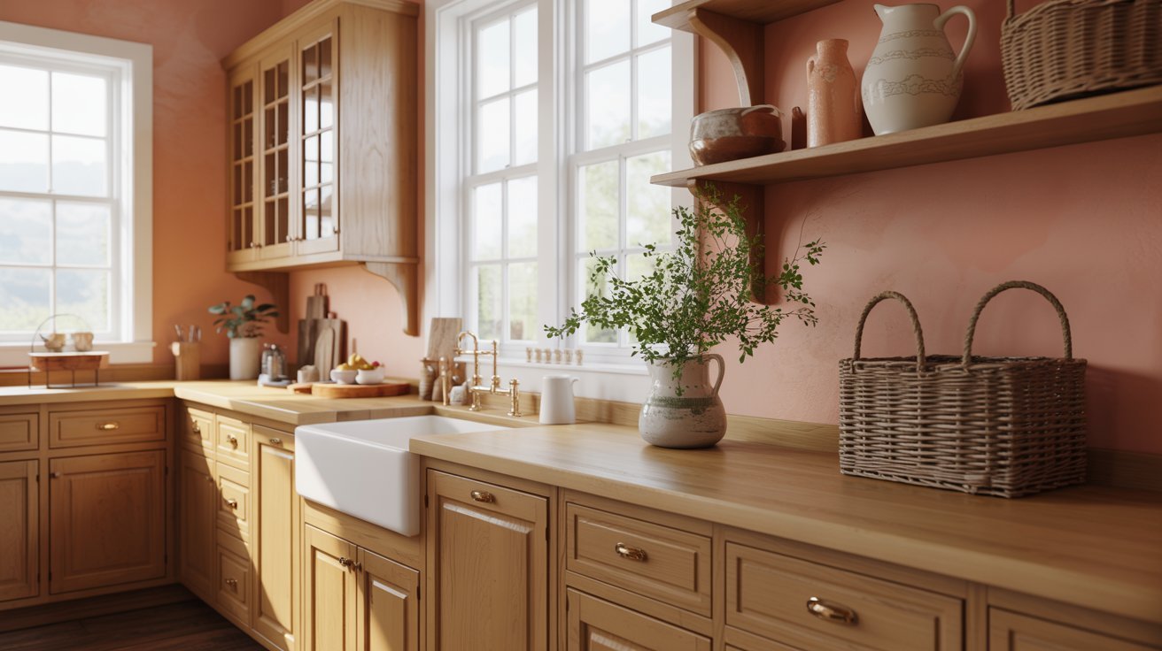 Modern farmhouse kitchen with warm terracotta wall paint and honey oak cabinets.