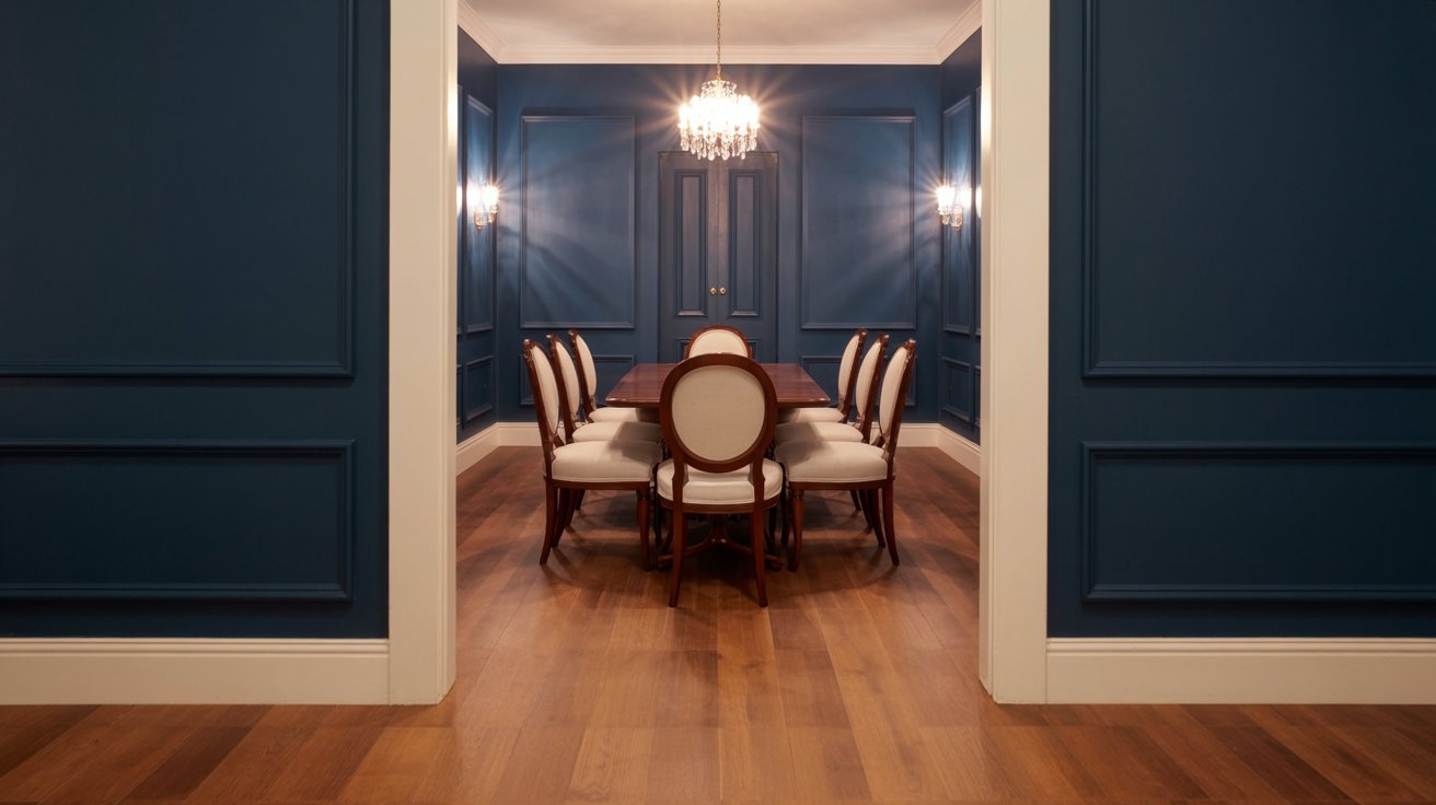 Dining room with navy walls, cream accents, and warm wood flooring.