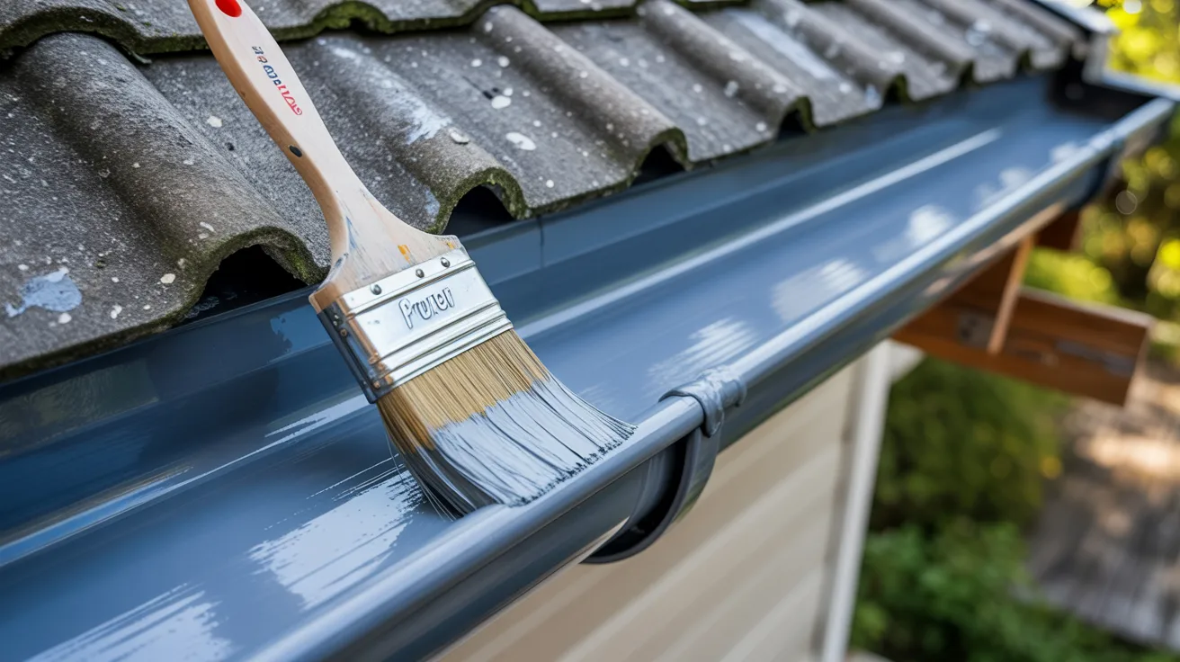Close-up of painting metal gutters with brush and primer showing smooth coating process and proper technique for long lasting finish.