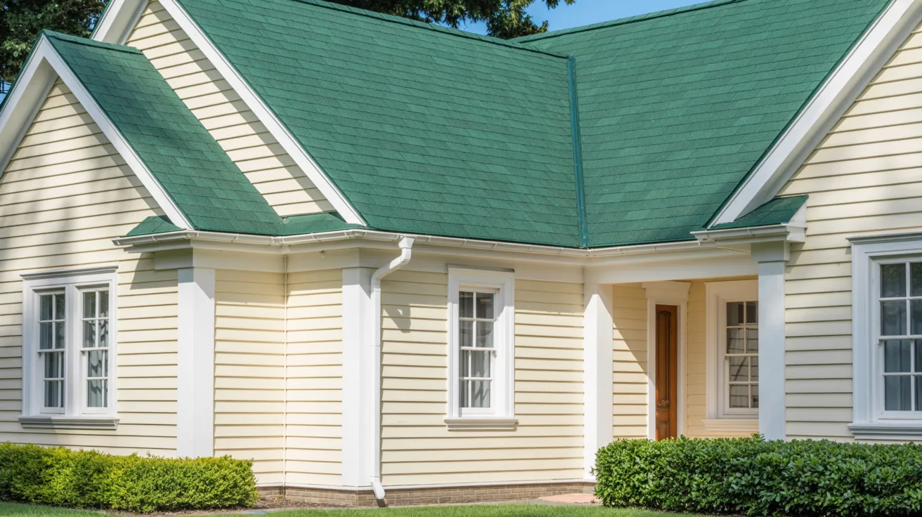 house with green painted roof and beige or tan walls creating warm balanced exterior design that complements natural surroundings and tones.