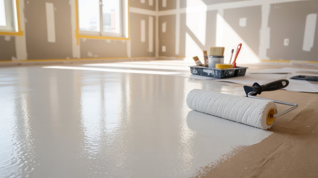 Fresh primer on floor with roller, ensure full dry time before paint to prevent peeling.