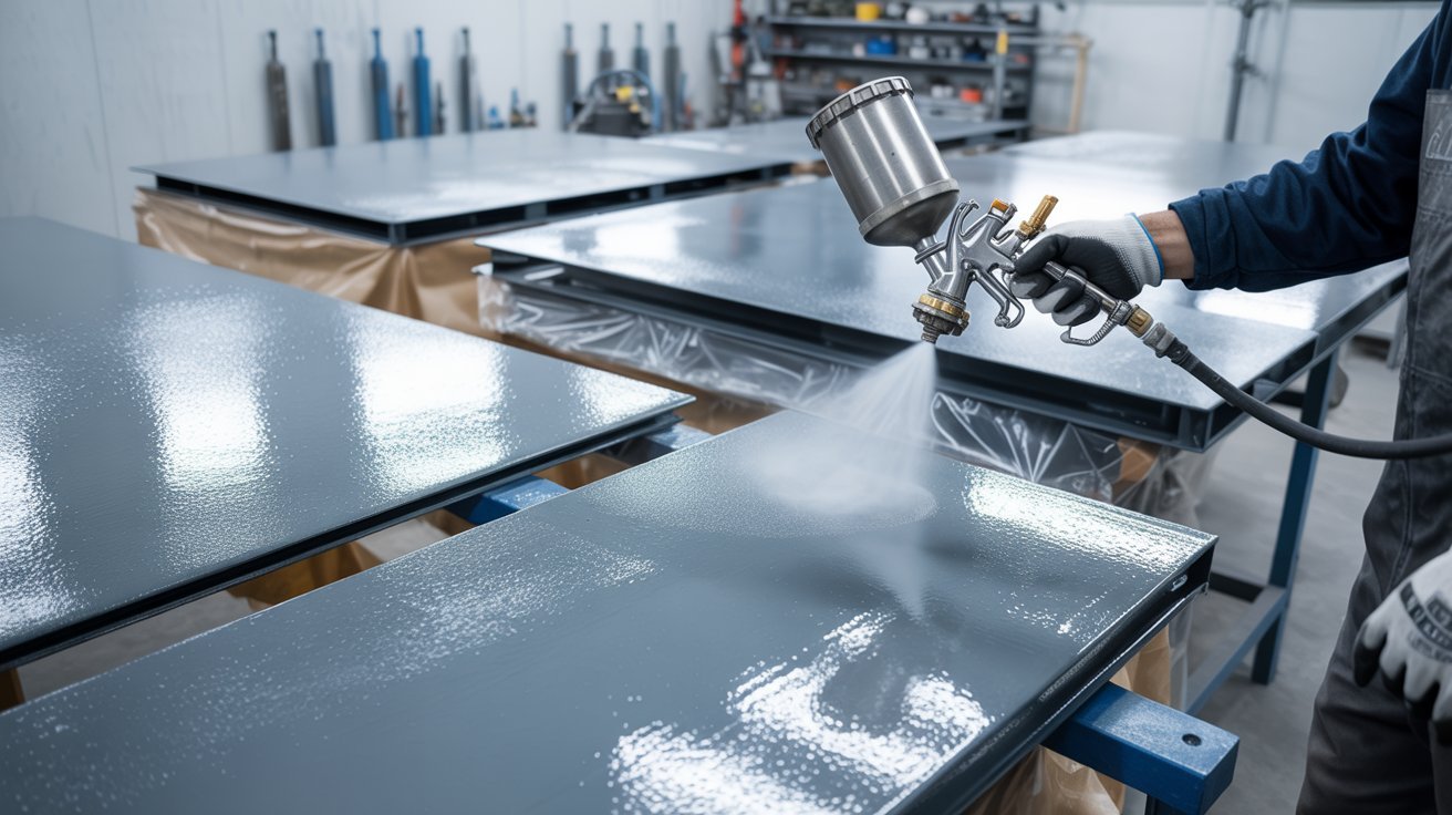 Spraying primer on metal panels, industrial coatings need 30-60 mins before paint layering.