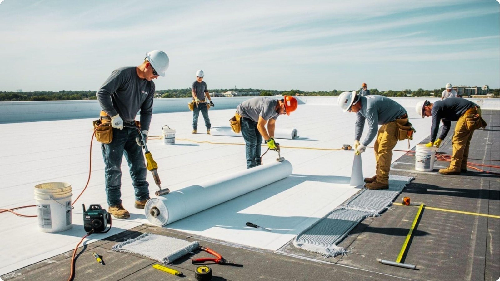 Roofing crew in hard hats installs and heat-welds white TPO membrane rolls on a large commercial roof.