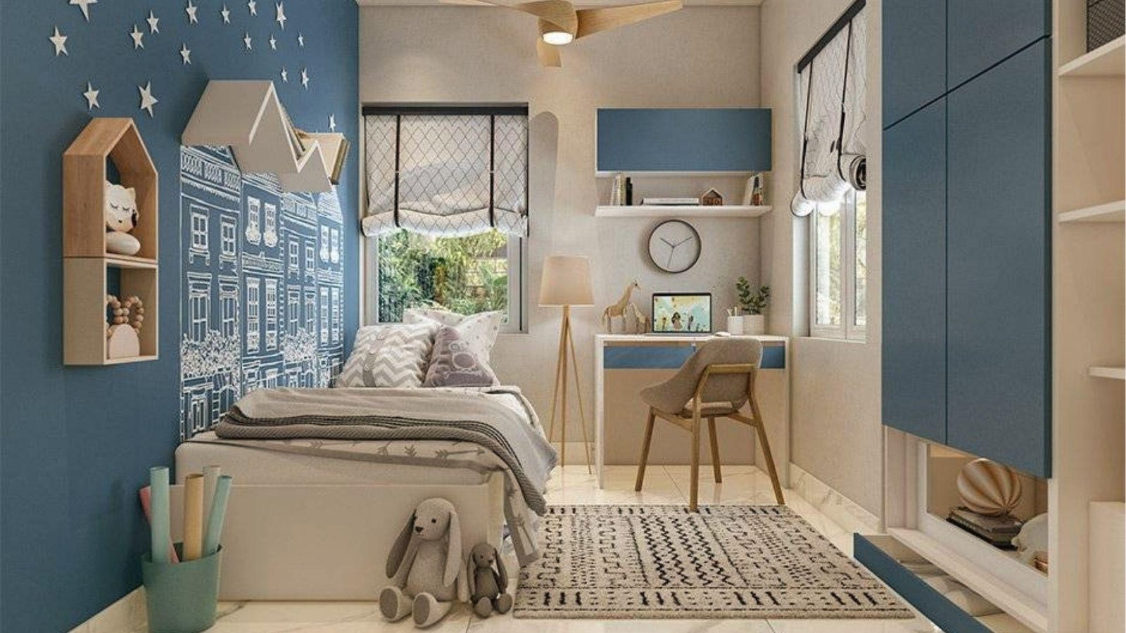 Kids Room with pale blue walls and bright white finishes.