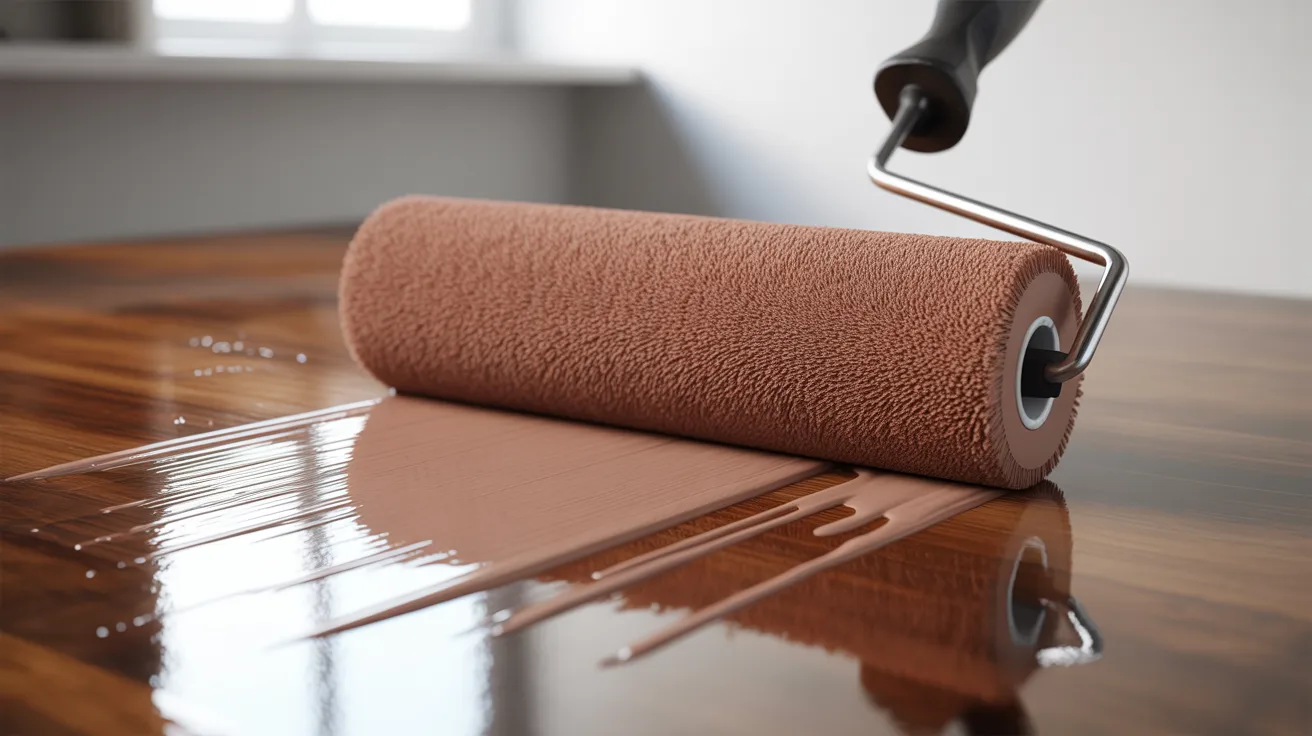 Velour roller creating fine smooth finish on wooden furniture surface with soft texture.