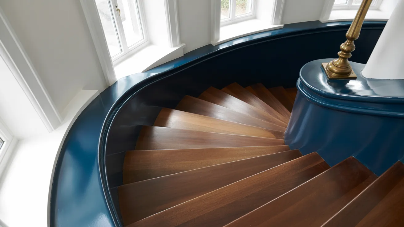 staircase with navy blue railings and brass accents creating a proper classy interior with warm wood and soft natural lighting.