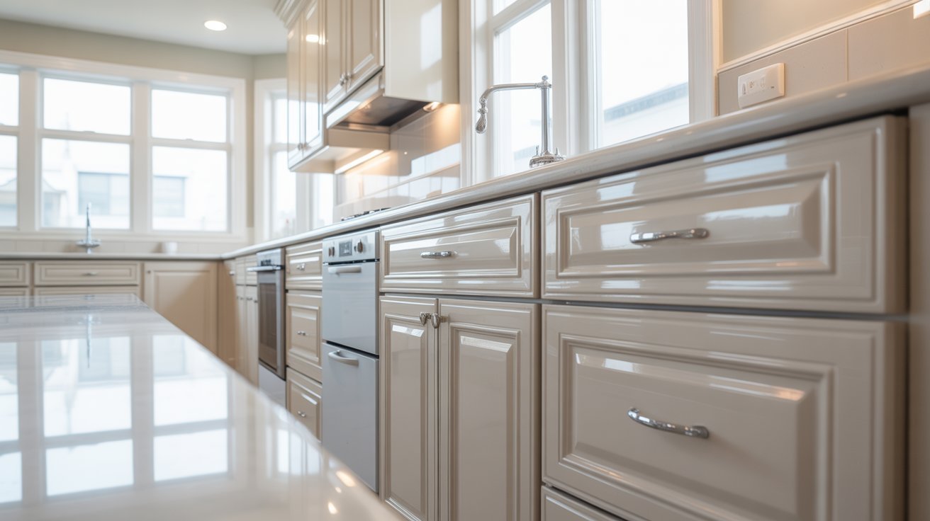 Semi gloss paint finish on kitchen cabinets and trim.