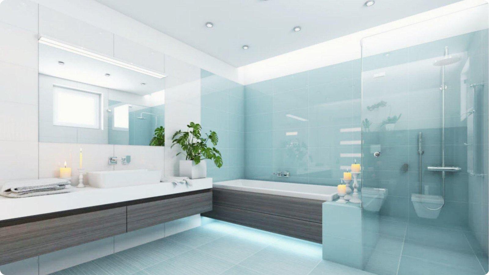 Bright modern bathroom featuring glossy aqua wall tiles and white ceiling in satin paint sheen.