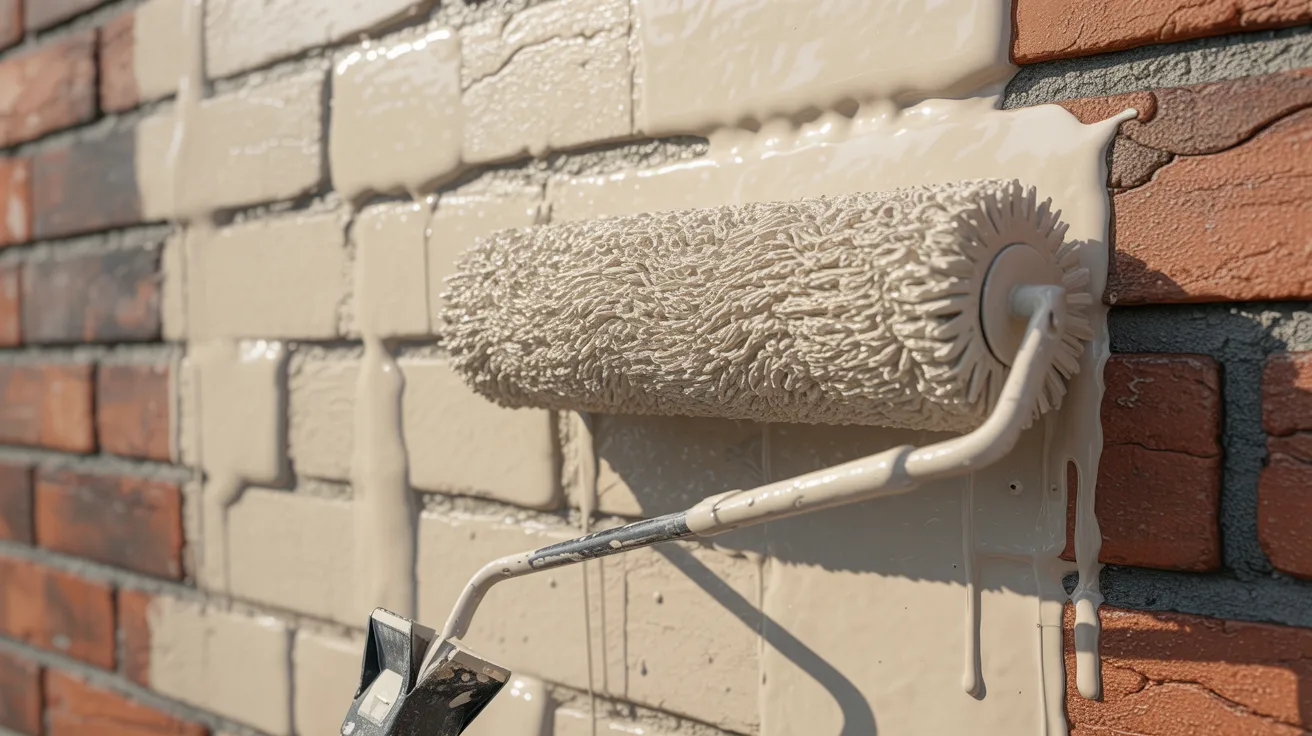 Long nap roller covering rough brick wall with deep textured paint application.