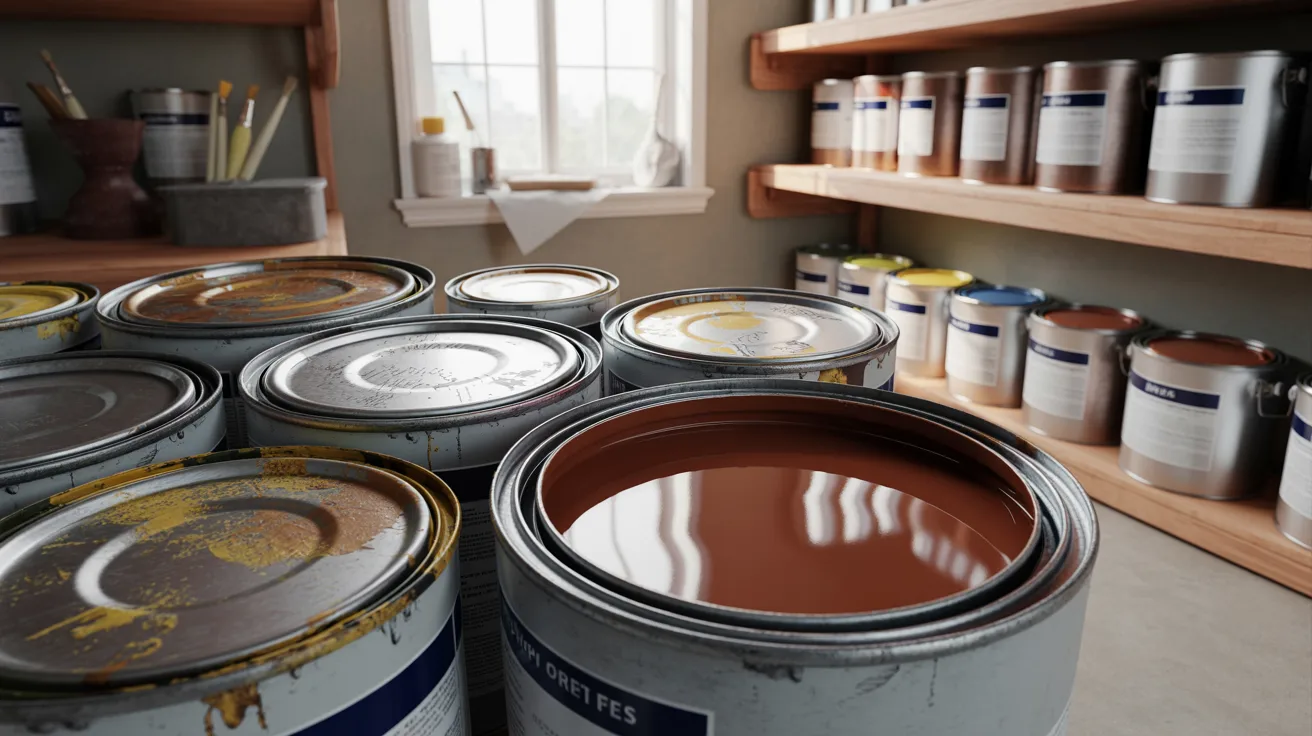 Realistic garage scene showing stored paint cans and one open can representing checking paint quality and expiration signs.
