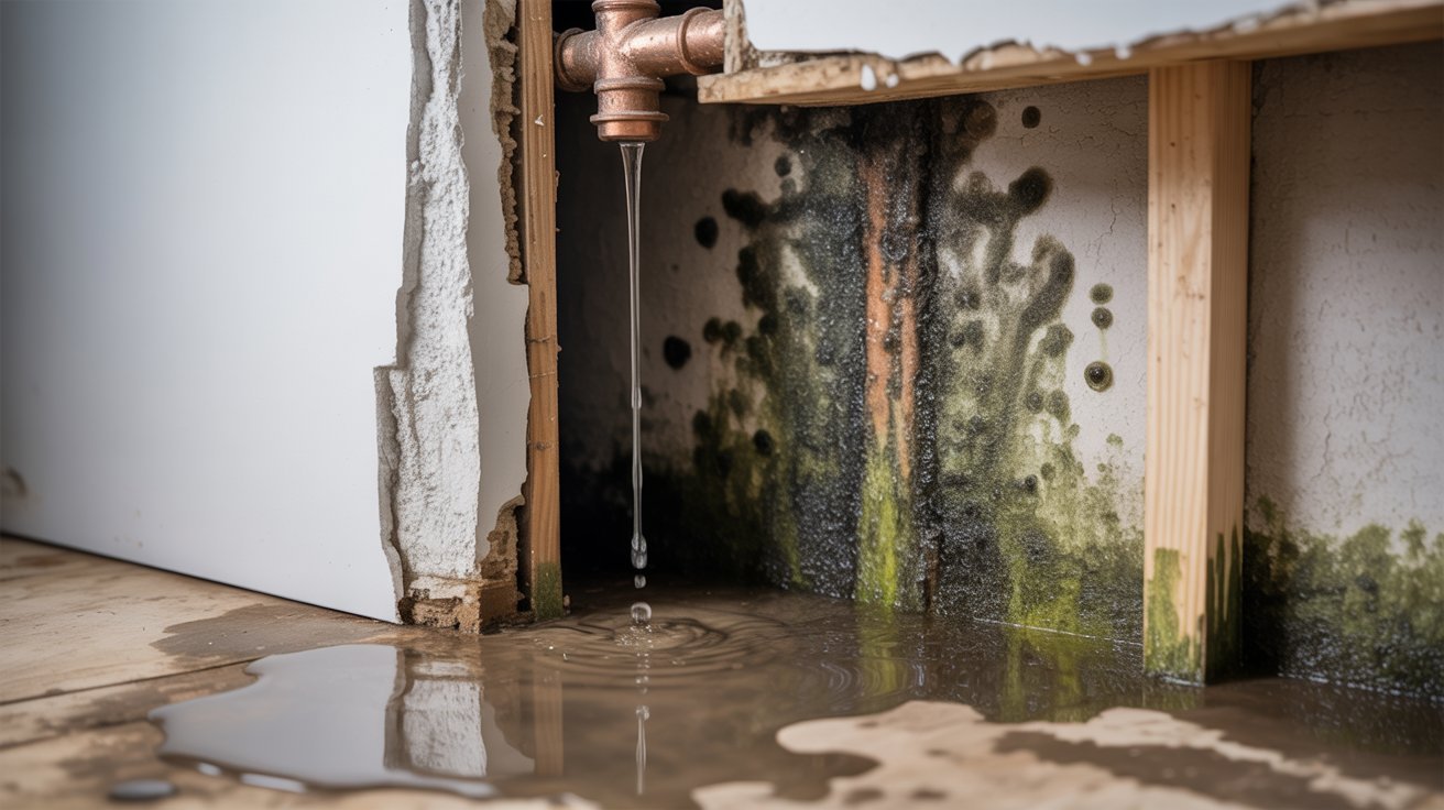 Hidden water leak causing mold behind painted walls.