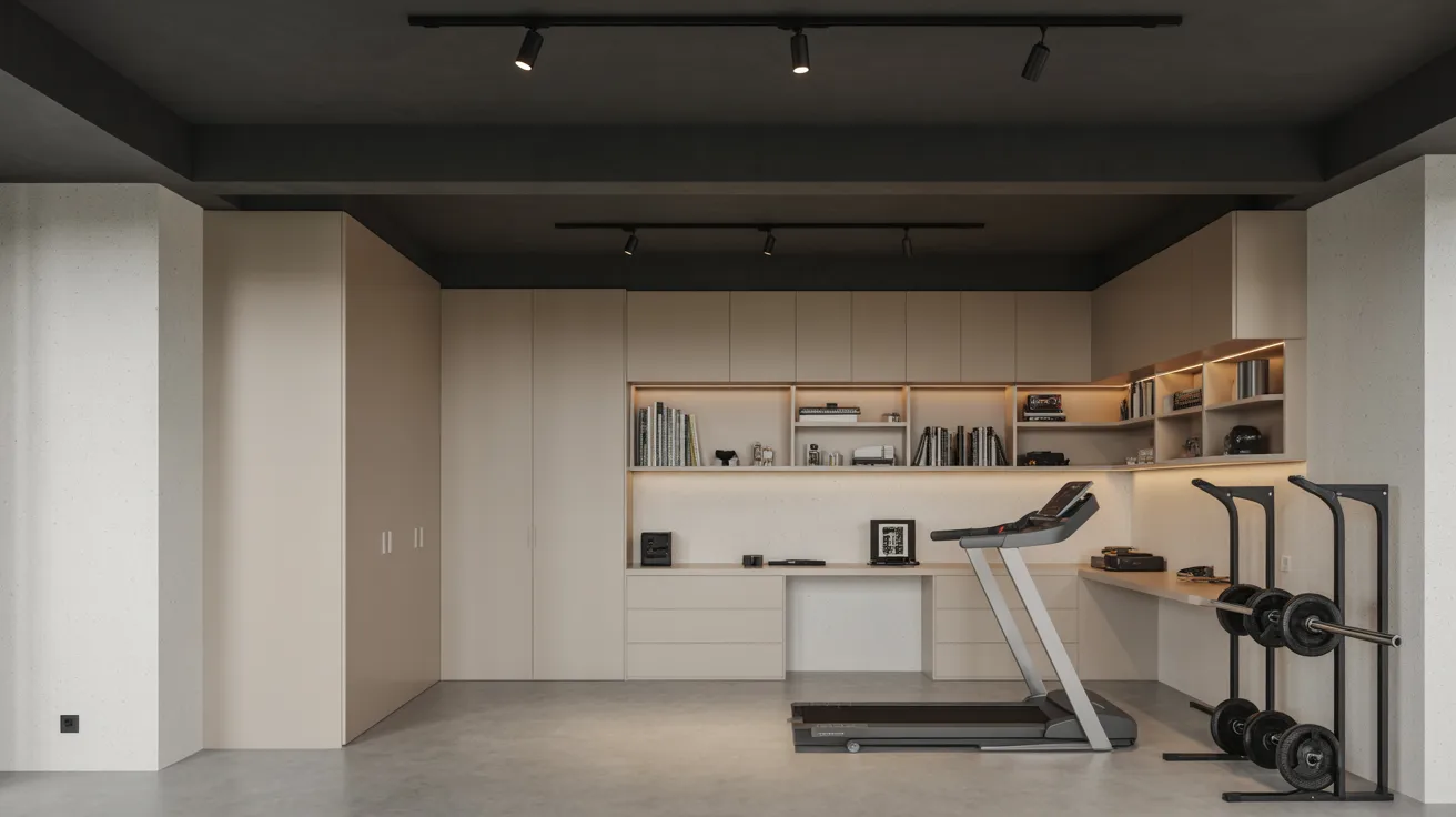 Hobby basement with black ceiling creating focused multipurpose space with organized layout and reduced visual clutter interior design.