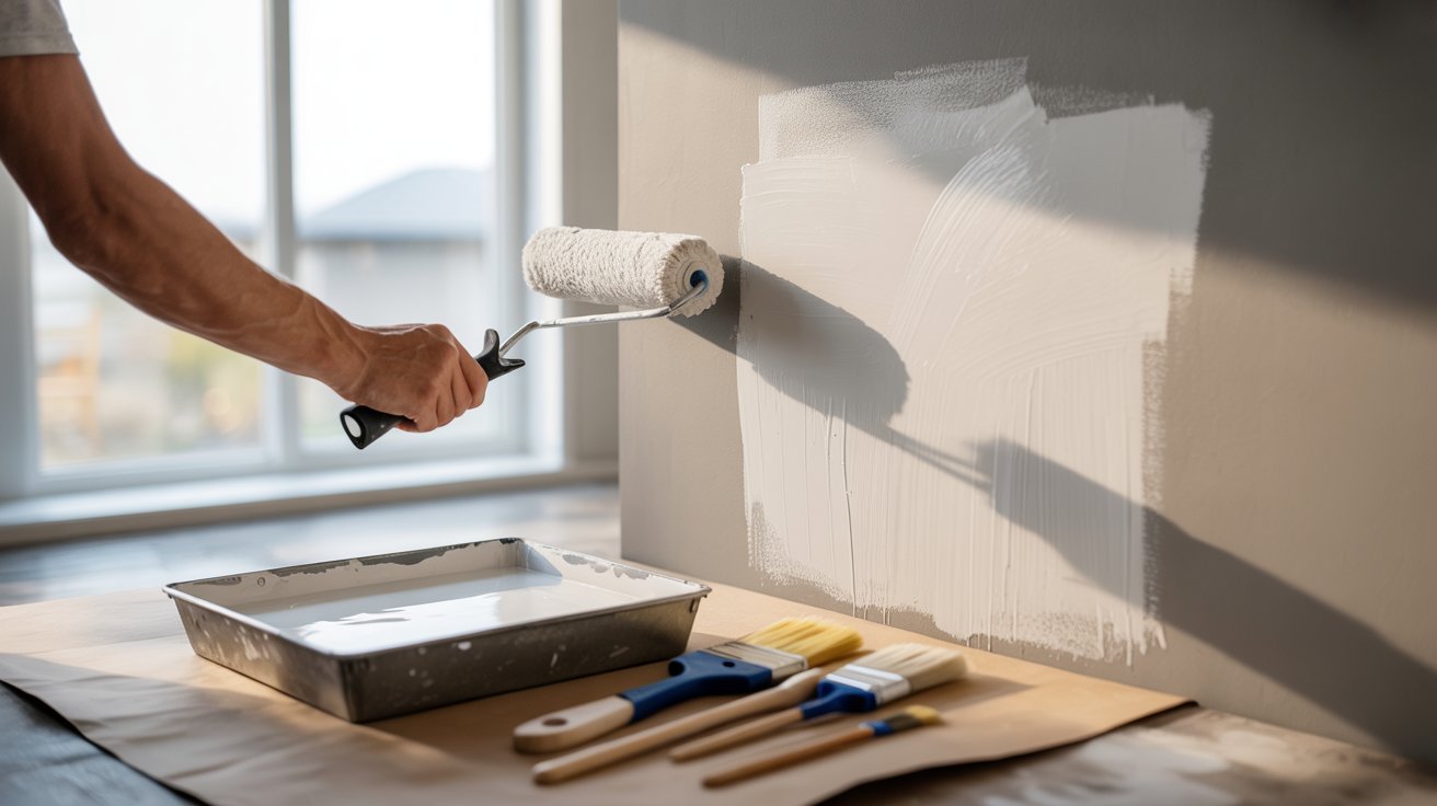 Painter using roller for wall primer, topcoat after 2-4 hours when primer is no longer tacky.