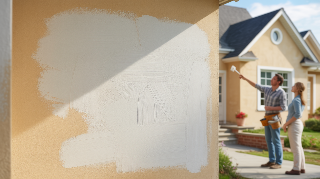 Homeowner comparing flat and satin paint options for a house exterior.