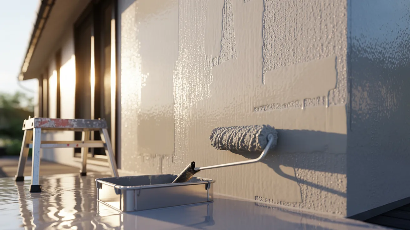 Freshly painted exterior wall showing outdoor paint drying process on modern home surface.