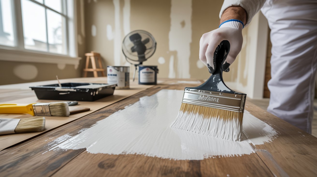 Brushing white primer on wood, dry to touch in 1 hour but wait longer before painting over.