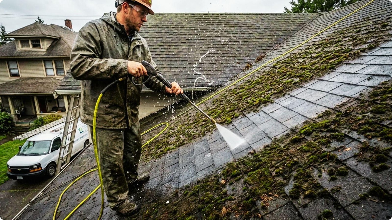 A contractor pressure washes moss and debris off a sloped asphalt shingle roof in a residential area.
