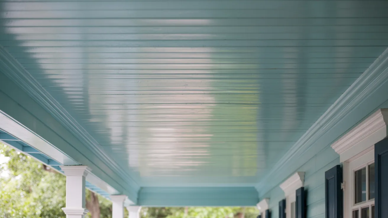 porch ceiling painted in soft blue green haint blue tones showing subtle undertone variation across sections with natural light and clean finish.