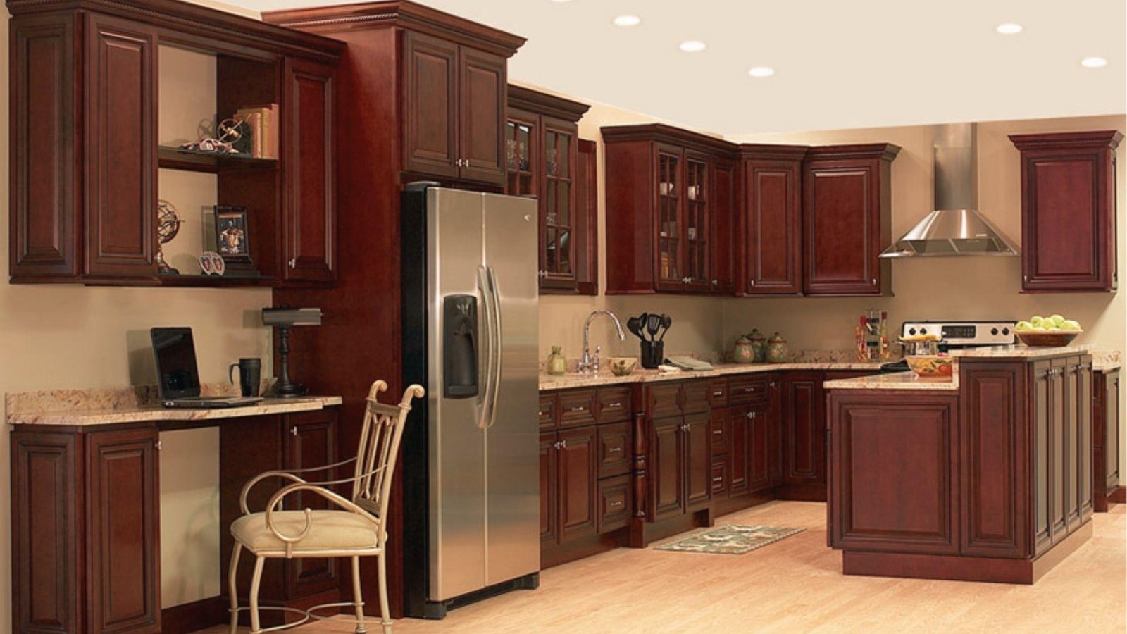 Cherry wood kitchen cabinets with black granite, glass fronts, beige tile backsplash.