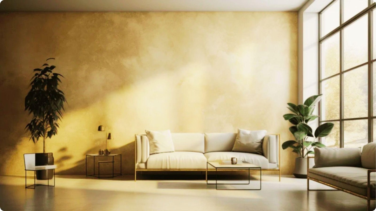 Sunlit modern living room featuring warm golden Venetian plaster faux finish on the accent wall.
