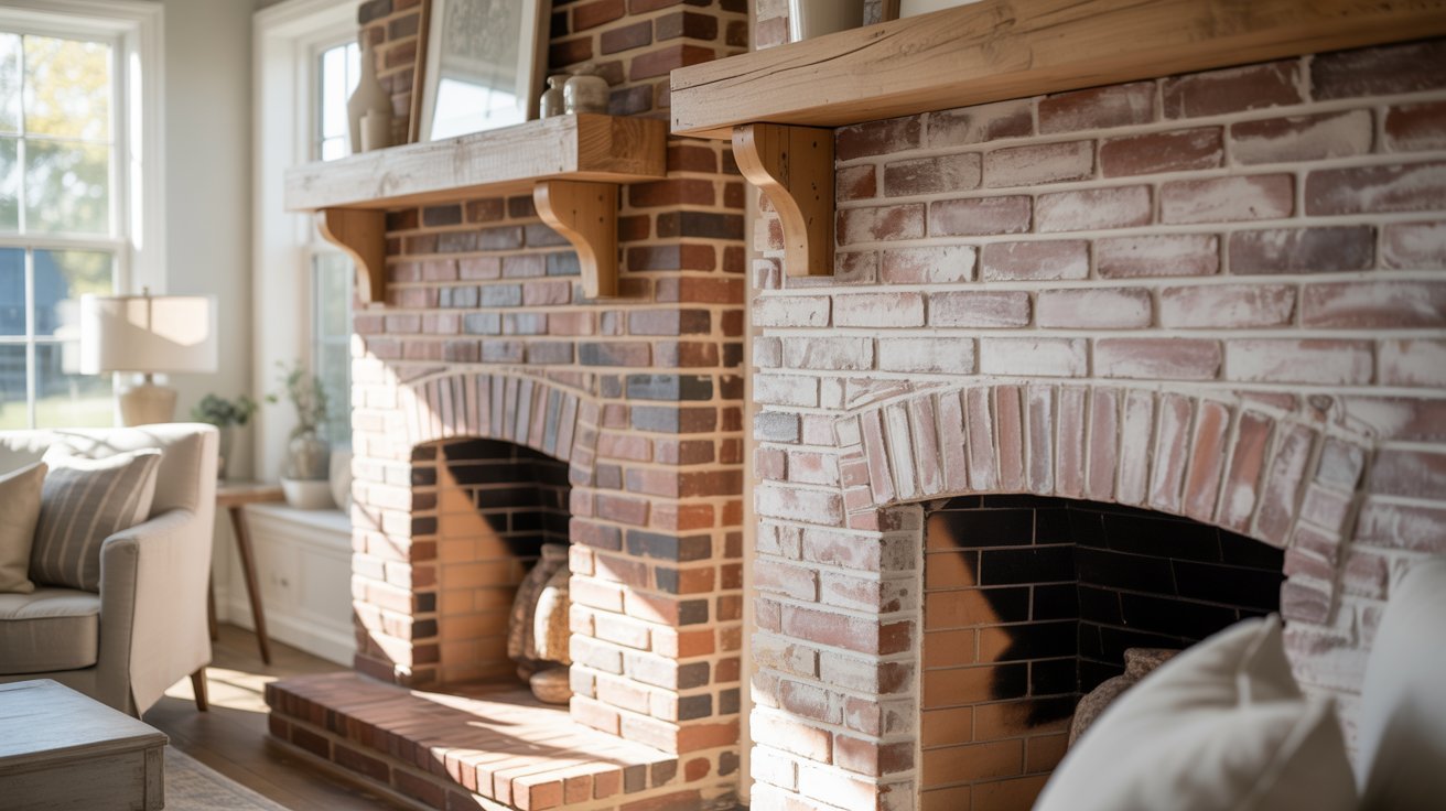 Side by side comparison of limewash and whitewash brick fireplaces in a modern farmhouse living room.