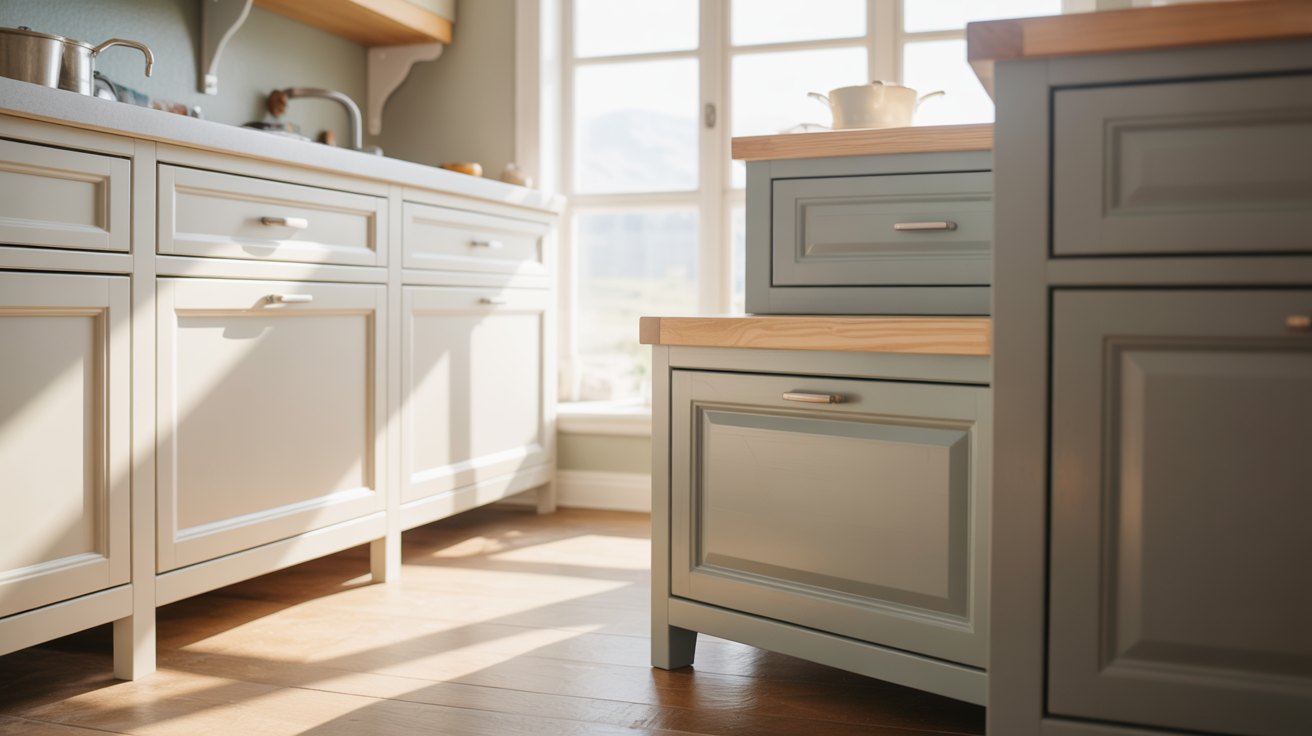 Kitchen cabinets and furniture coated with enamel paint.