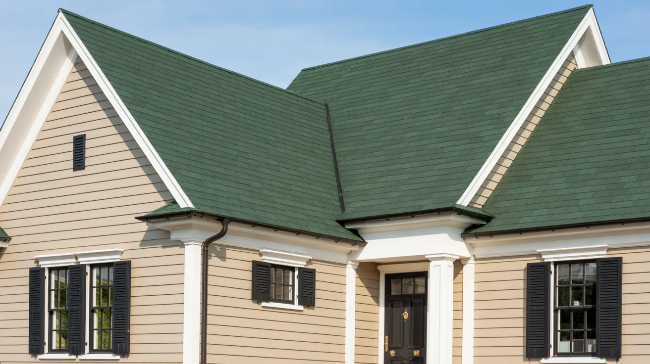 house with green painted roof and black accents like shutters and doors adding definition contrast and structured visual appeal overall.