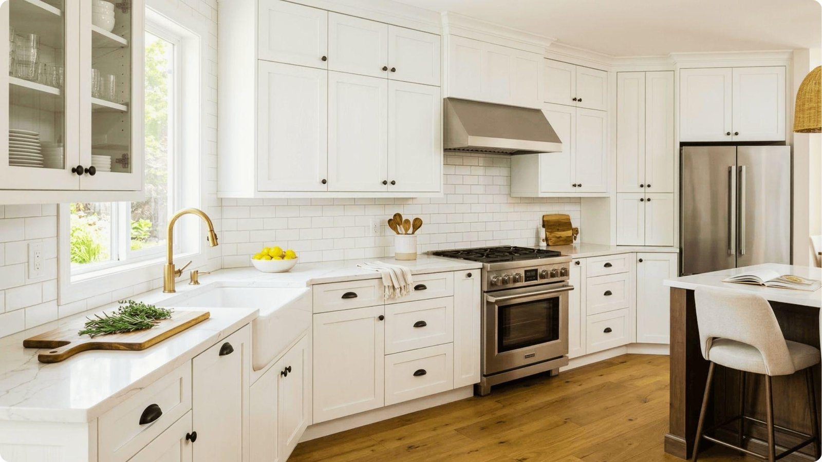 Bright, modern kitchen with clean white painted cabinets, black hardware, subway tile backsplash, and marble countertops.