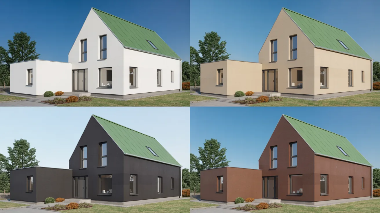 house with green roof showing multiple exterior wall color options like white beige gray and brown in clean comparison layout.