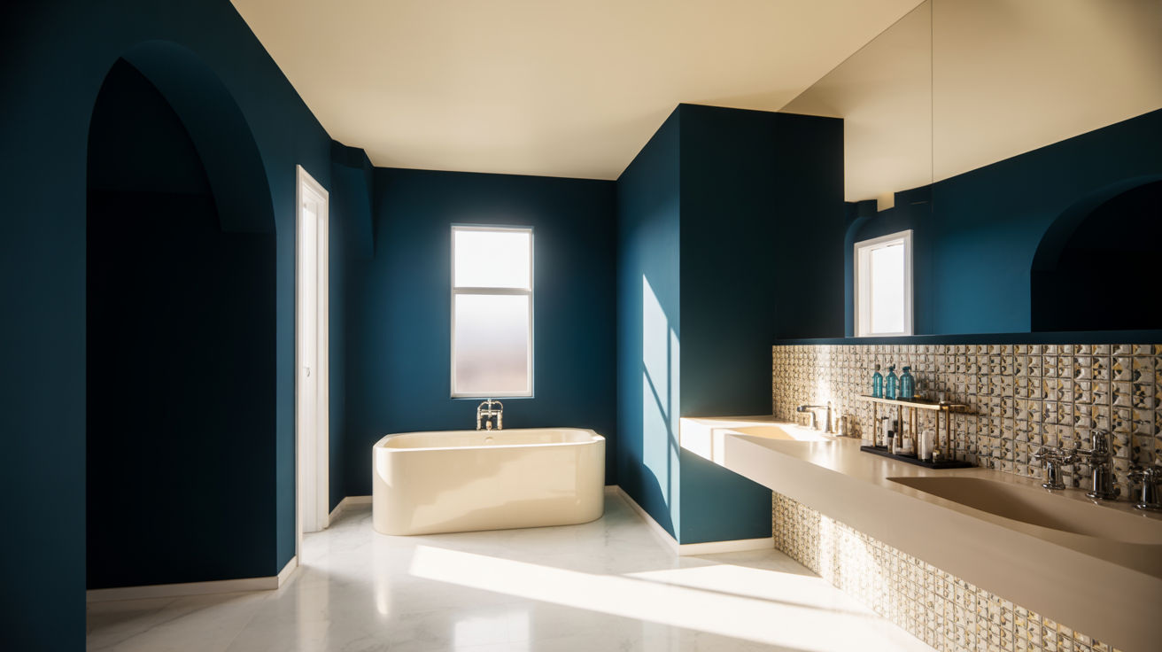 Bathroom with contrasting wall and ceiling colors for added visual interest.</strong>“></p>
<p>In some bathrooms, a matching ceiling and wall color can work against you. Knowing when to use contrast can save your space.</p>
<p>There are cases where painting the ceiling and walls the same color will make the room feel worse, not better.</p>
<h3>Low Ceilings and Dark Rooms</h3>
<p>A bathroom with a very low ceiling can feel even more closed in when the ceiling and walls are the same color.</p>
<p>If you use a dark or mid tone shade, the ceiling may appear to press down on the space. In this case, painting the ceiling a lighter color than the walls can help it feel higher.</p>
<p>Dark rooms with little natural light face a similar issue. A lighter ceiling helps reflect whatever light is available and keeps the room feeling open.</p>
<h3>Bathrooms That Need More Contrast</h3>
<p>Some bathrooms simply look better with contrast between the walls and ceiling.</p>
<p>If your walls have a lot going on, such as bold tile, a patterned wallpaper, or a strong color, a white or lighter ceiling gives the eye a place to rest.</p>
<p>The contrast can actually make the wall feature stand out more.</p>
<h2>Best Paint Finish for Small Bathroom Ceilings</h2>
<p><img decoding=