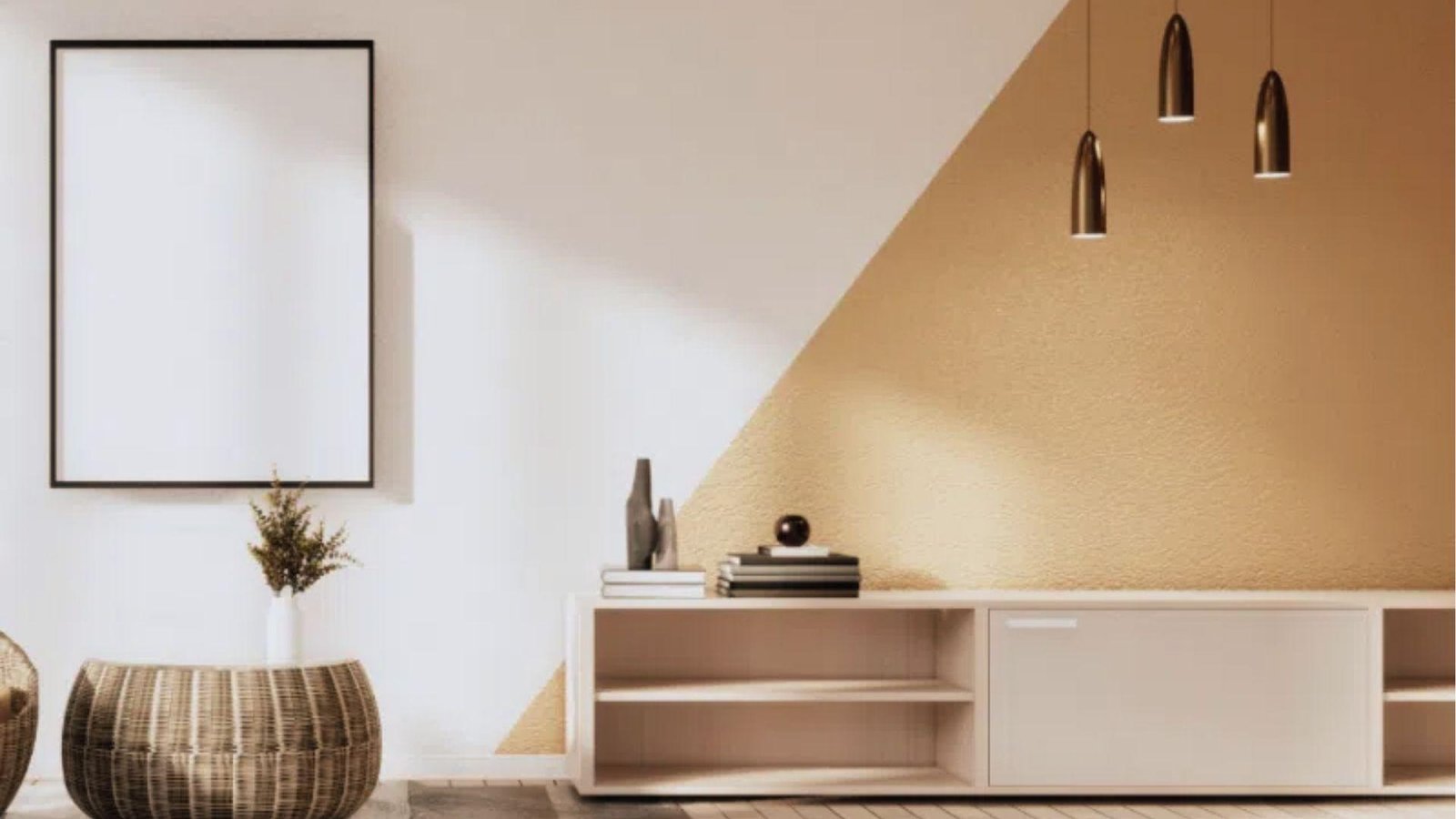 Modern living room with diagonal two tone wall in Taupe and Pearl White above console and decor.