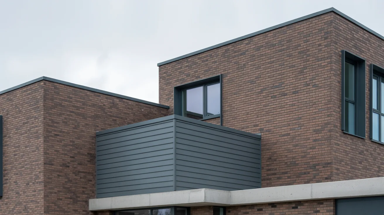 brown brick exterior with charcoal grey accents creating a modern and bold architectural contrast.