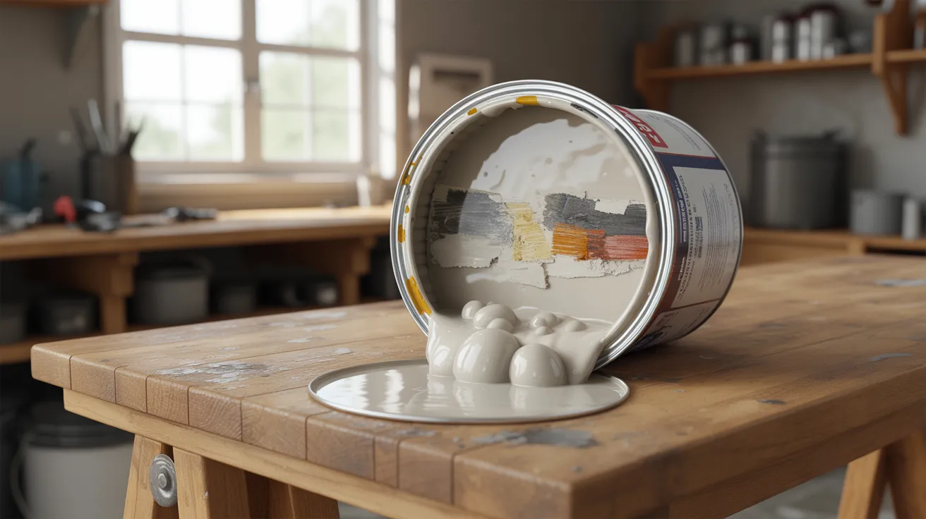Open paint can show spoiled texture separation lumps and discoloration indicating expired unusable paint.