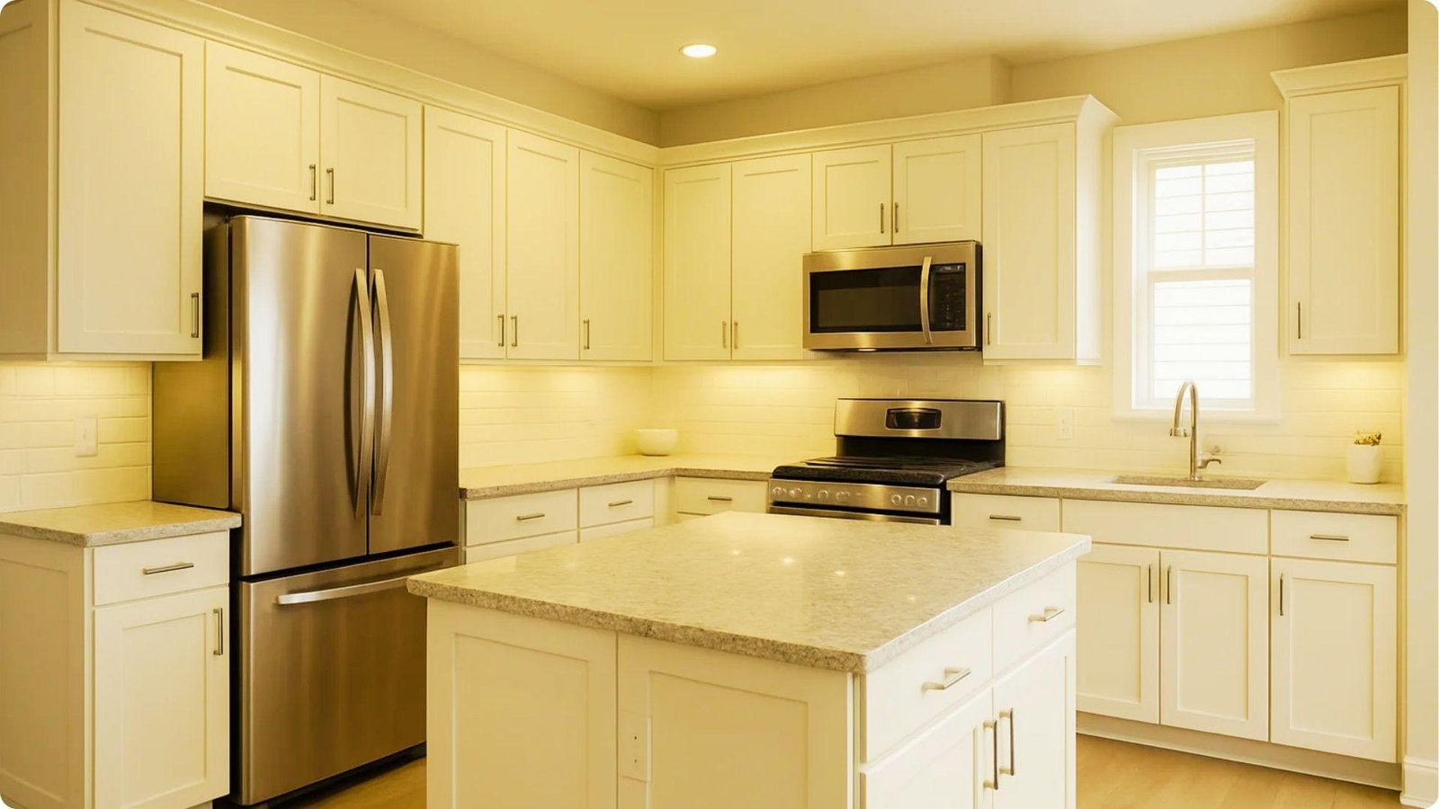 Airy farmhouse kitchen with warm yellow-tinted walls and painted white cabinets.