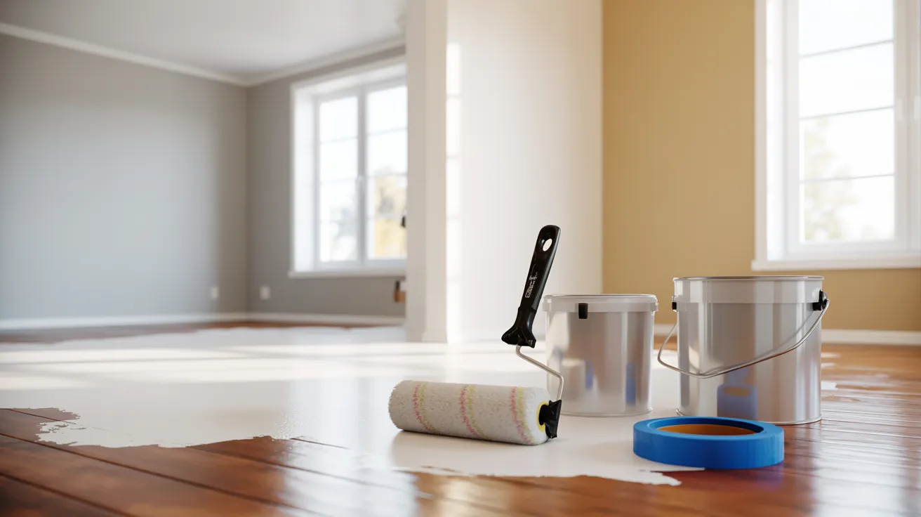 Freshly painted home interior showing painting tools and smooth wall finish in modern living space.