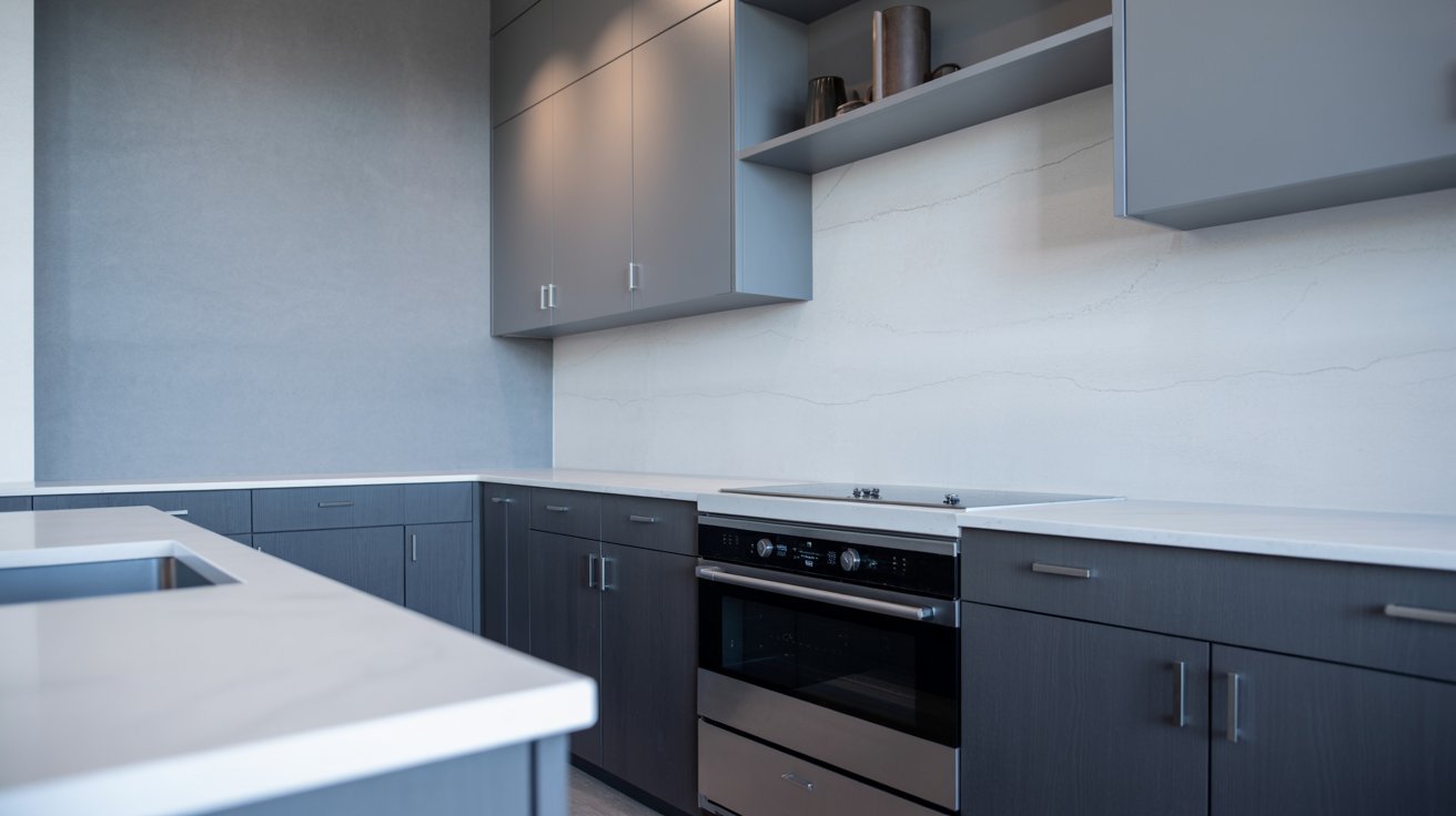 Modern kitchen with grey cabinets and light grey walls, creating a sleek tone-on-tone contemporary design.
