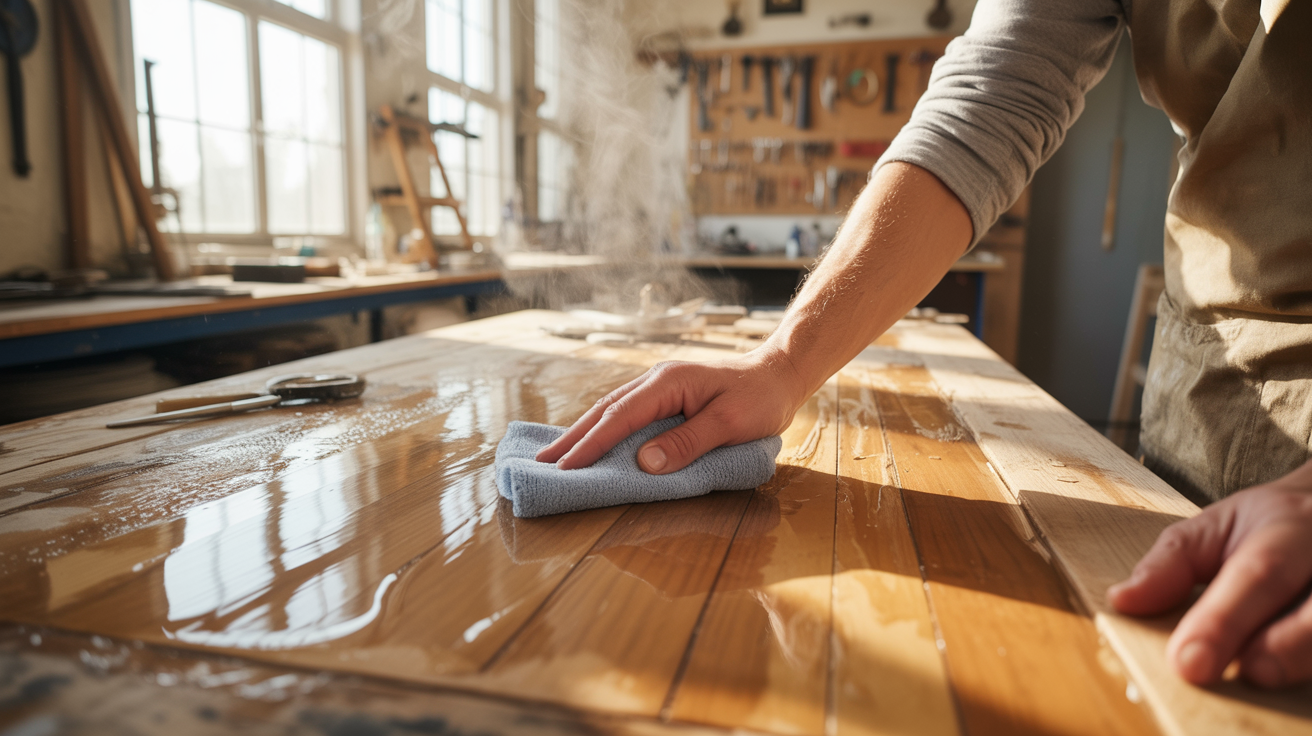 Removing paint stripper residue from wood with a cloth.