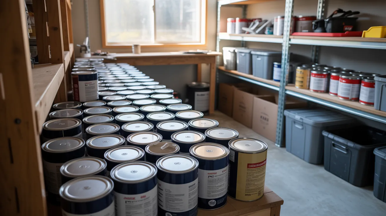 Proper paint storage setup showing sealed labeled cans stored upright in a cool organized garage shelf environment.