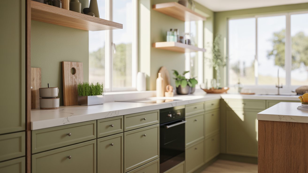 Modern kitchen sage green walls, creating a fresh, earthy, and calming interior design.