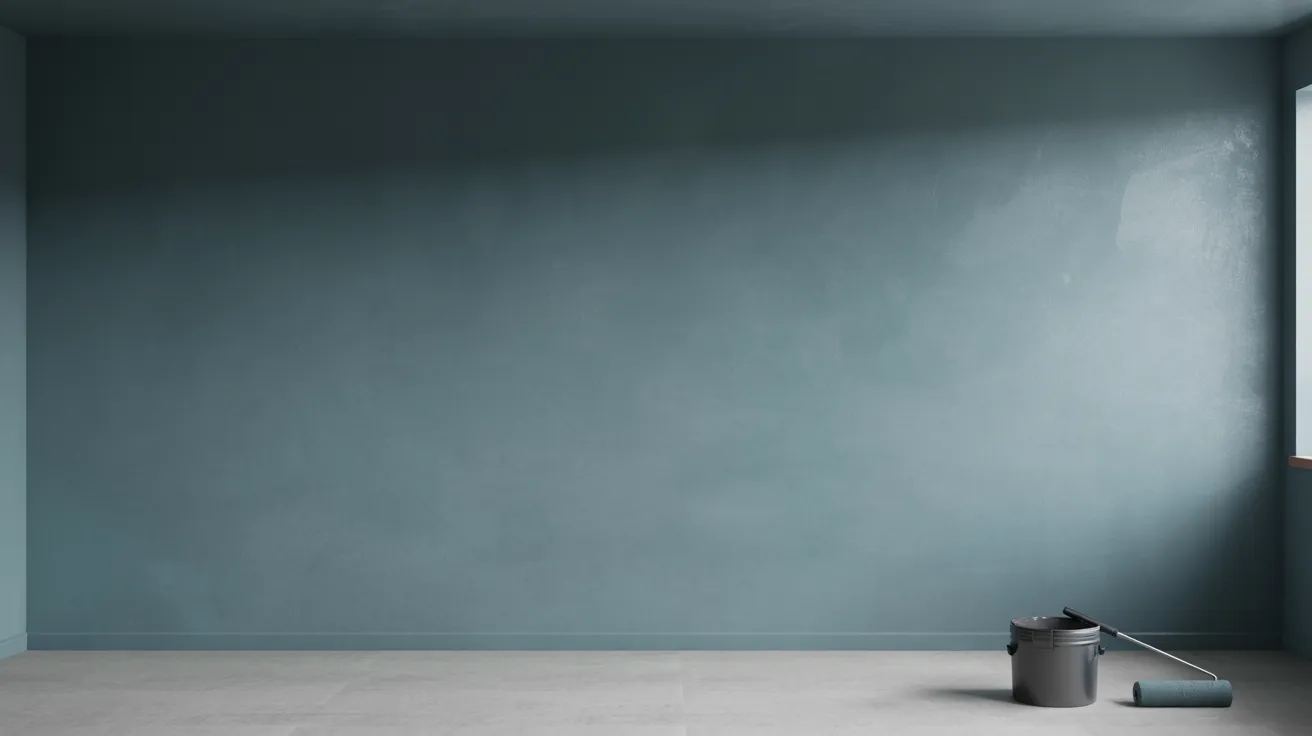 Payne’s grey wall paint showing soft blue undertones creating subtle depth and smooth matte finish in modern interior space.