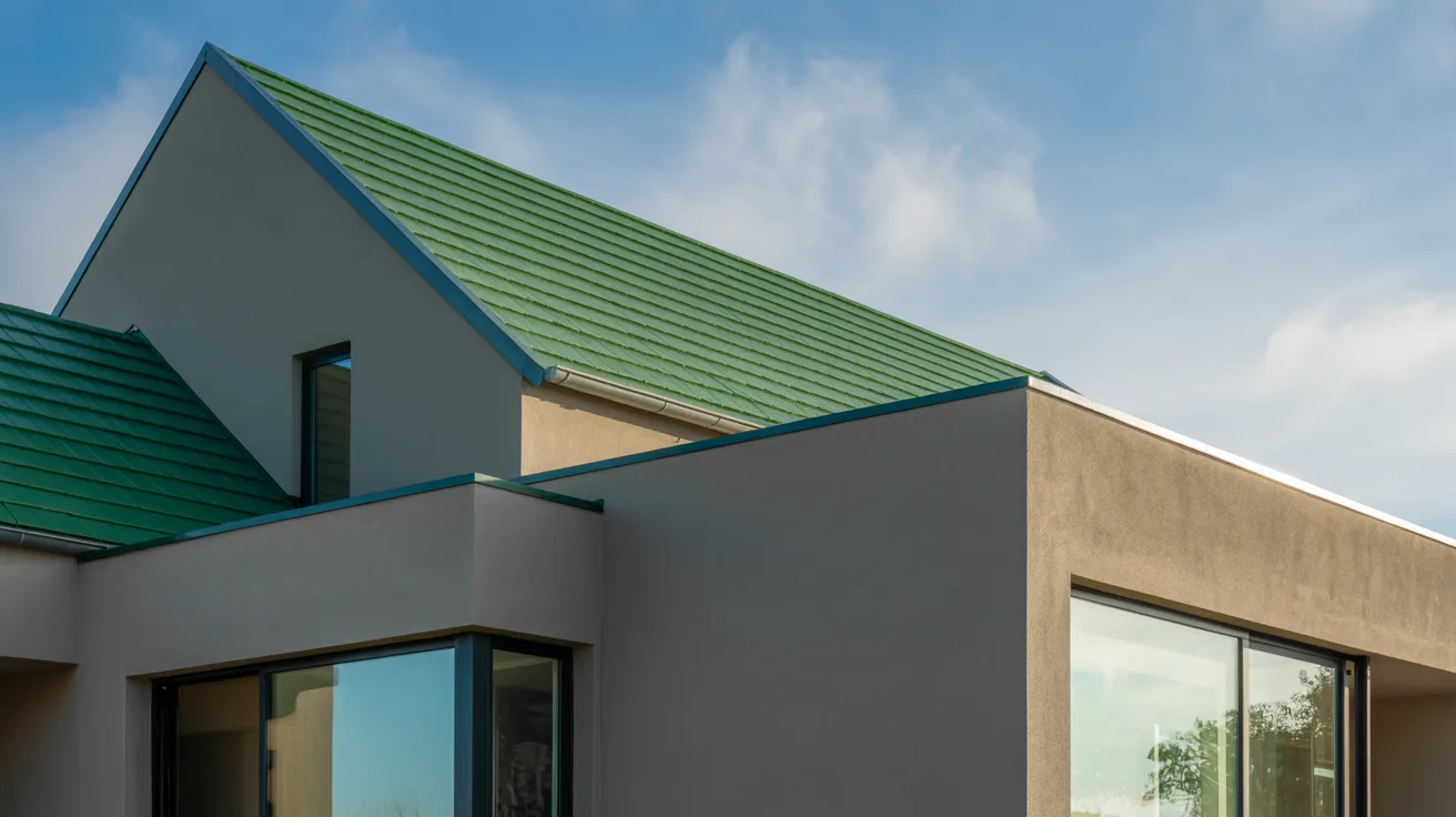 house with green painted roof and gray walls creating modern clean exterior with balanced contrast and sleek architectural appearance overall.