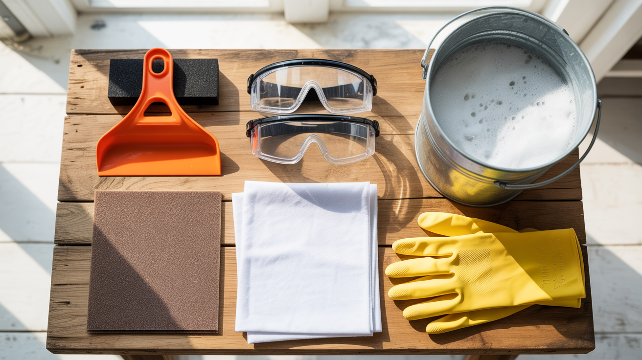 Tools and supplies needed to remove chalk paint from wood.