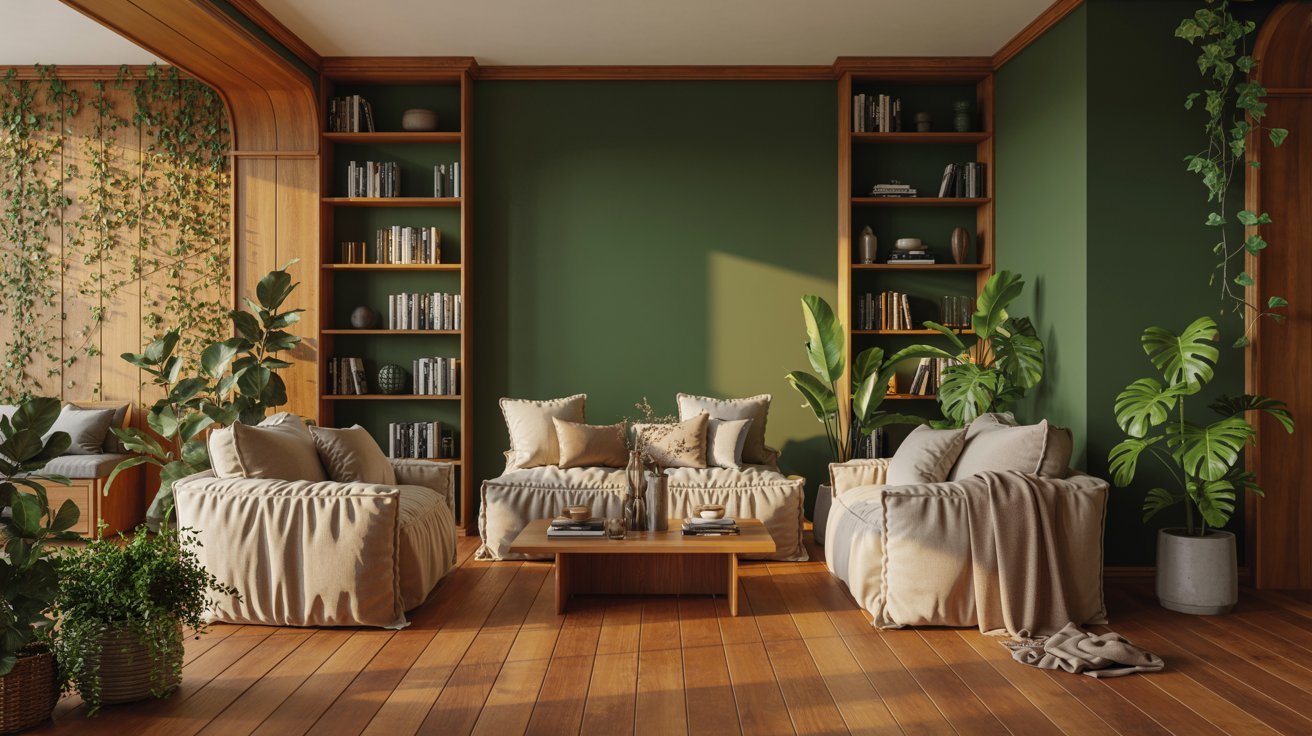 Living room with deep forest green walls, light wood trim, natural furnishings, and warm earthy decor.