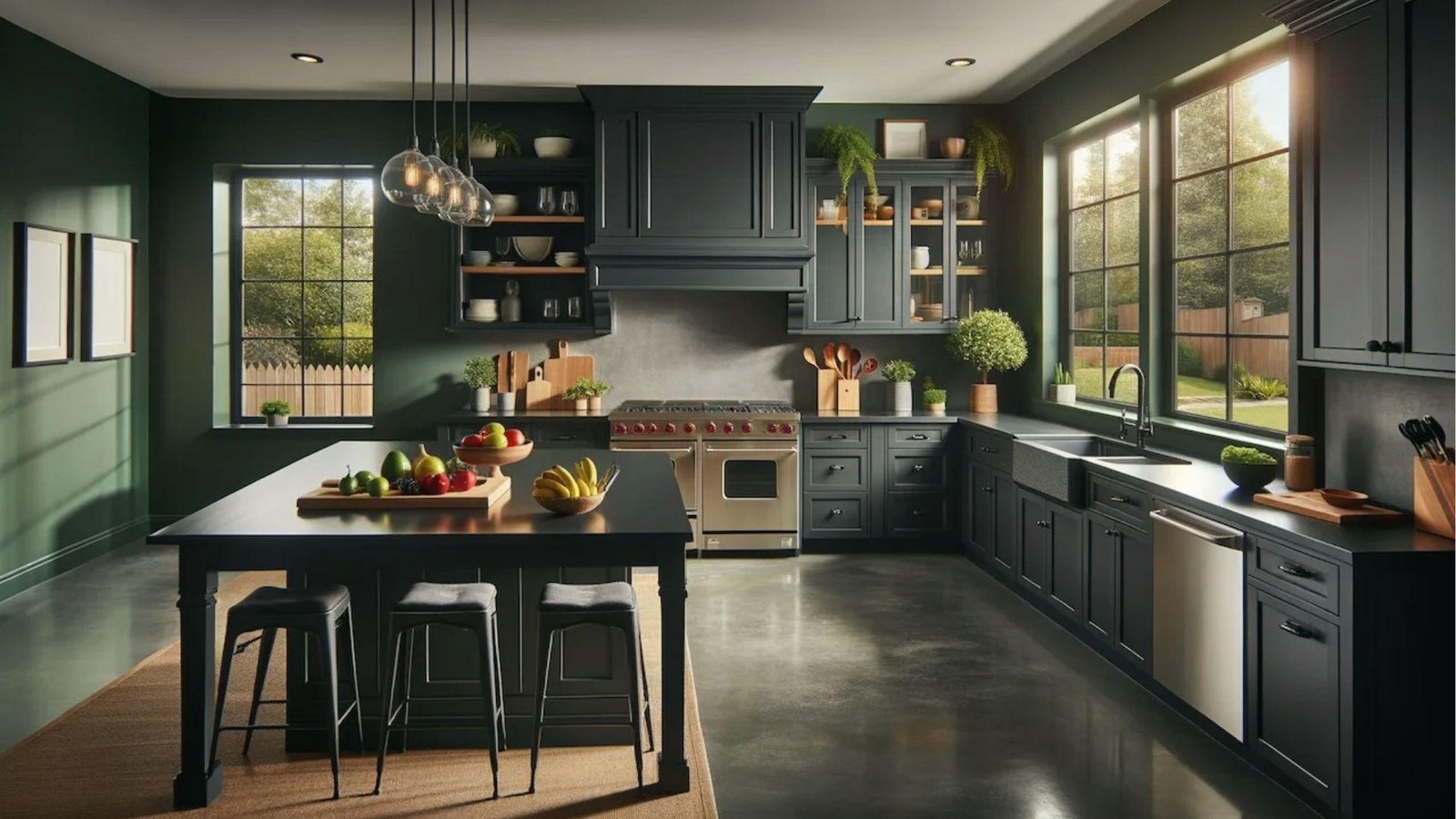 Charcoal cabinets, dark green walls, black island, concrete floors, moody monochromatic kitchen scheme