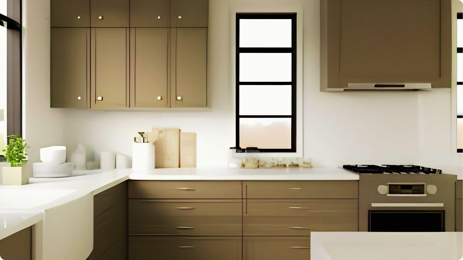 Modern farmhouse kitchen with warm greige painted cabinets, white quartz counters, and a black-framed window.