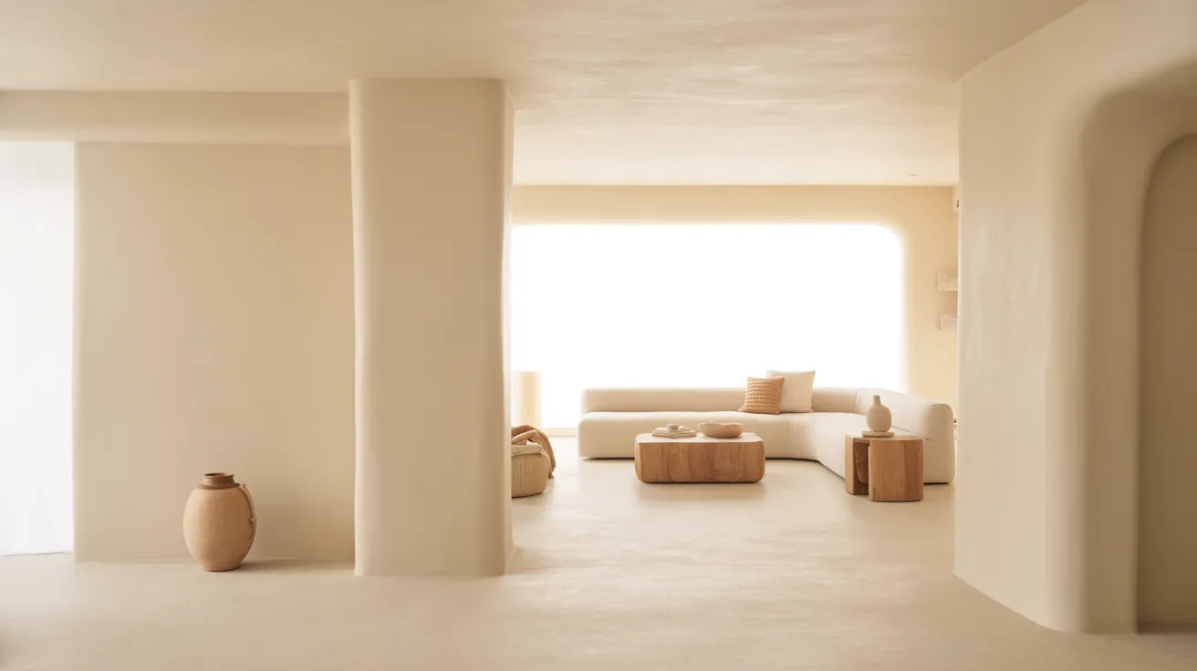 A modern living room with flat white matte walls and soft natural lighting