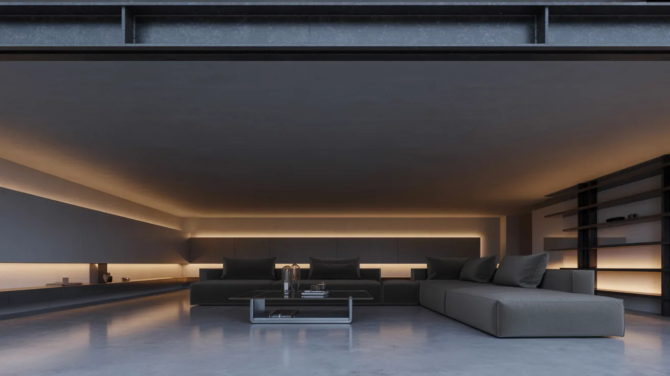 Contemporary basement with black painted ceiling showing modern 2026 trend still popular in stylish interior design spaces.